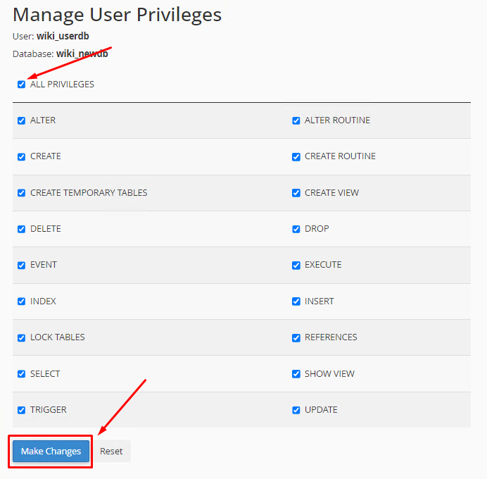 Permissions for the DataBase user