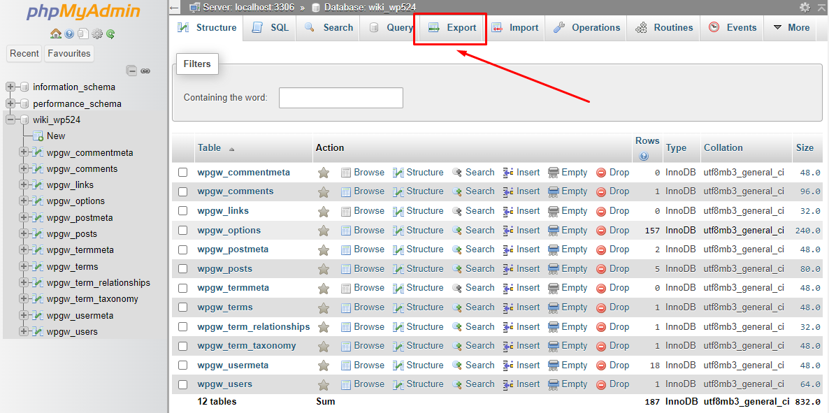 Select the "Export" tab