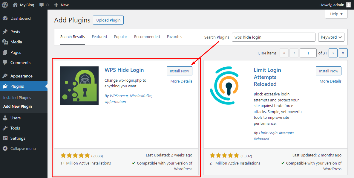 WordPress plugin search result