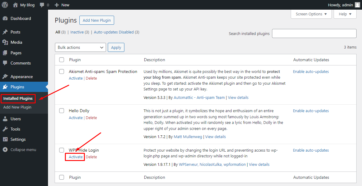 WP Hide Plugin Activation