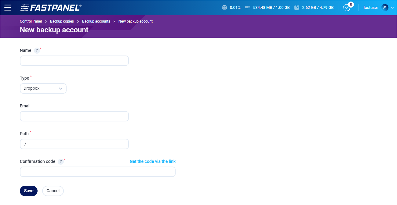 Setup a new backup account in FASTPANEL