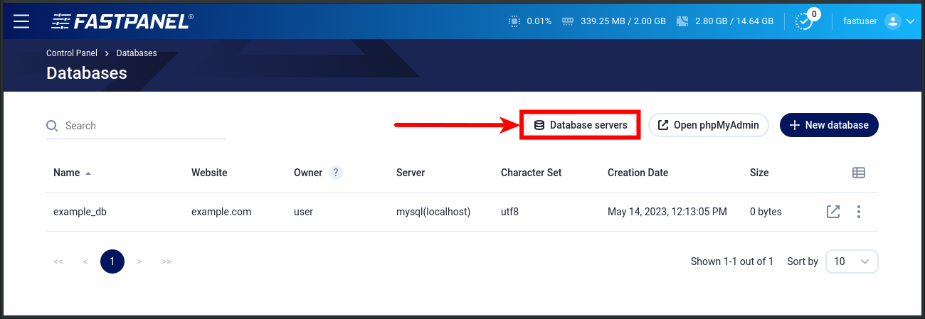 Database servers management in FASTPANEL