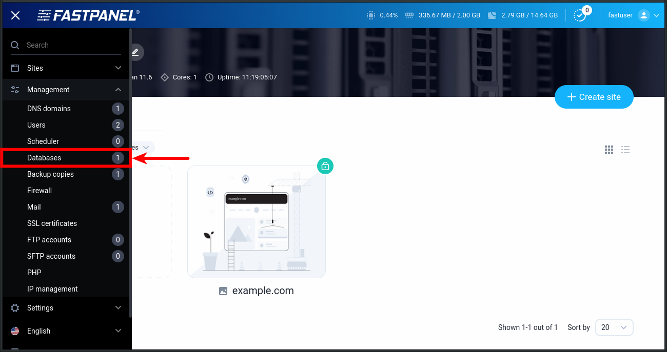 Databases management menu in FASTPANEL