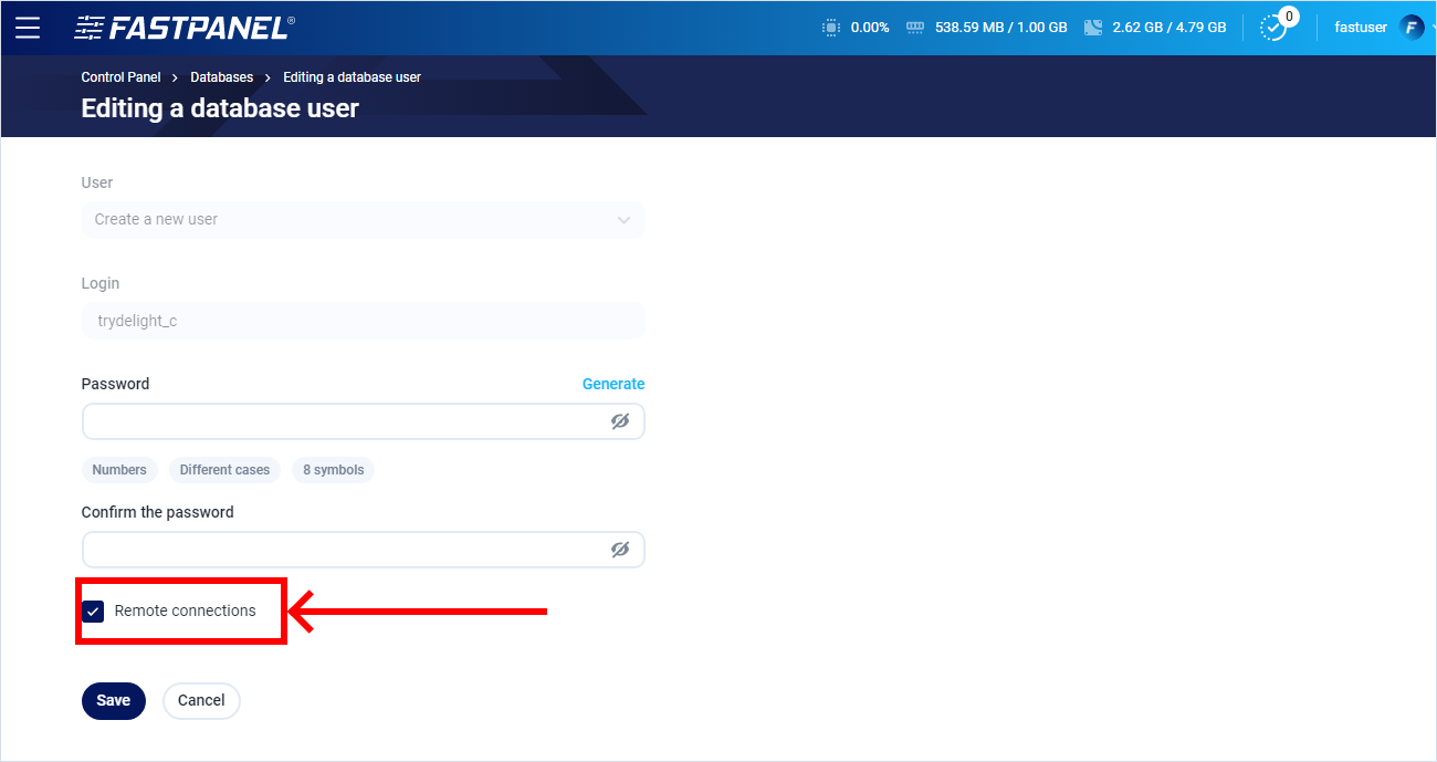 Enable database remote connections in FASTPANEL