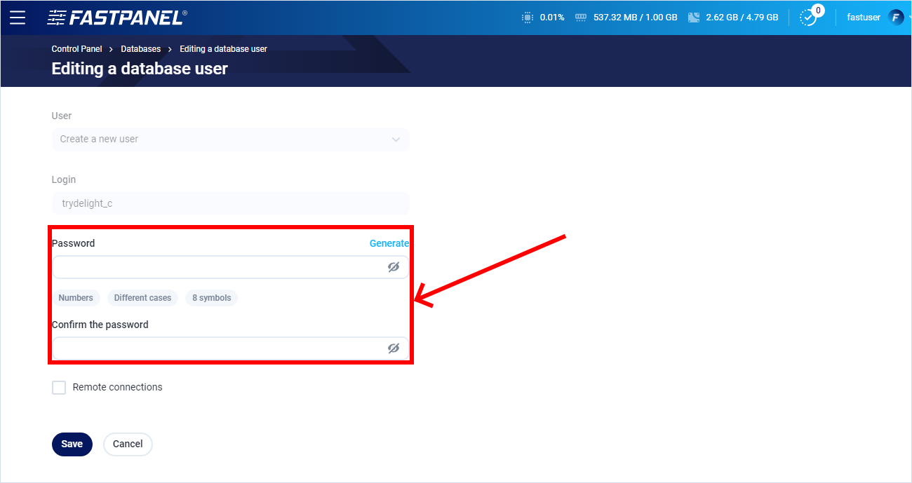 Change database password in FASTPANEL