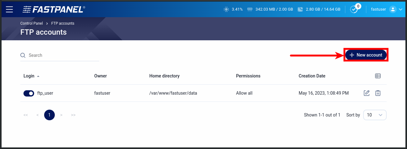 Create a new FTP account in FASTPANEL