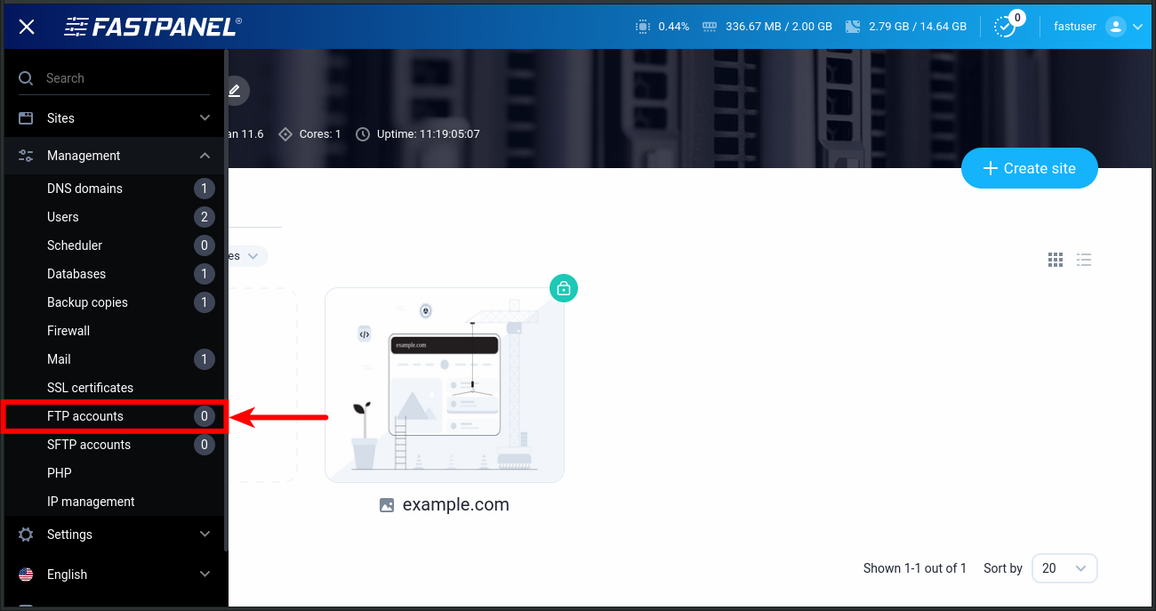 FTP accounts management in FASTPANEL