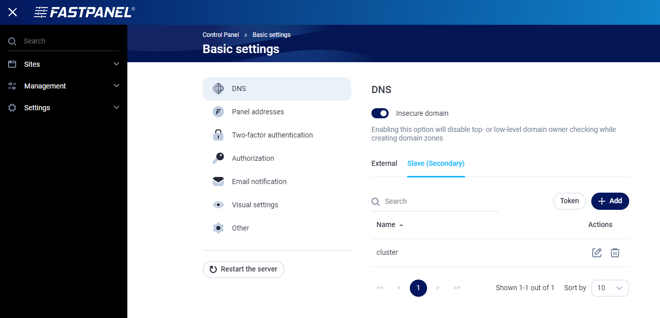 Secondary DNS server tab in FASTPANEL