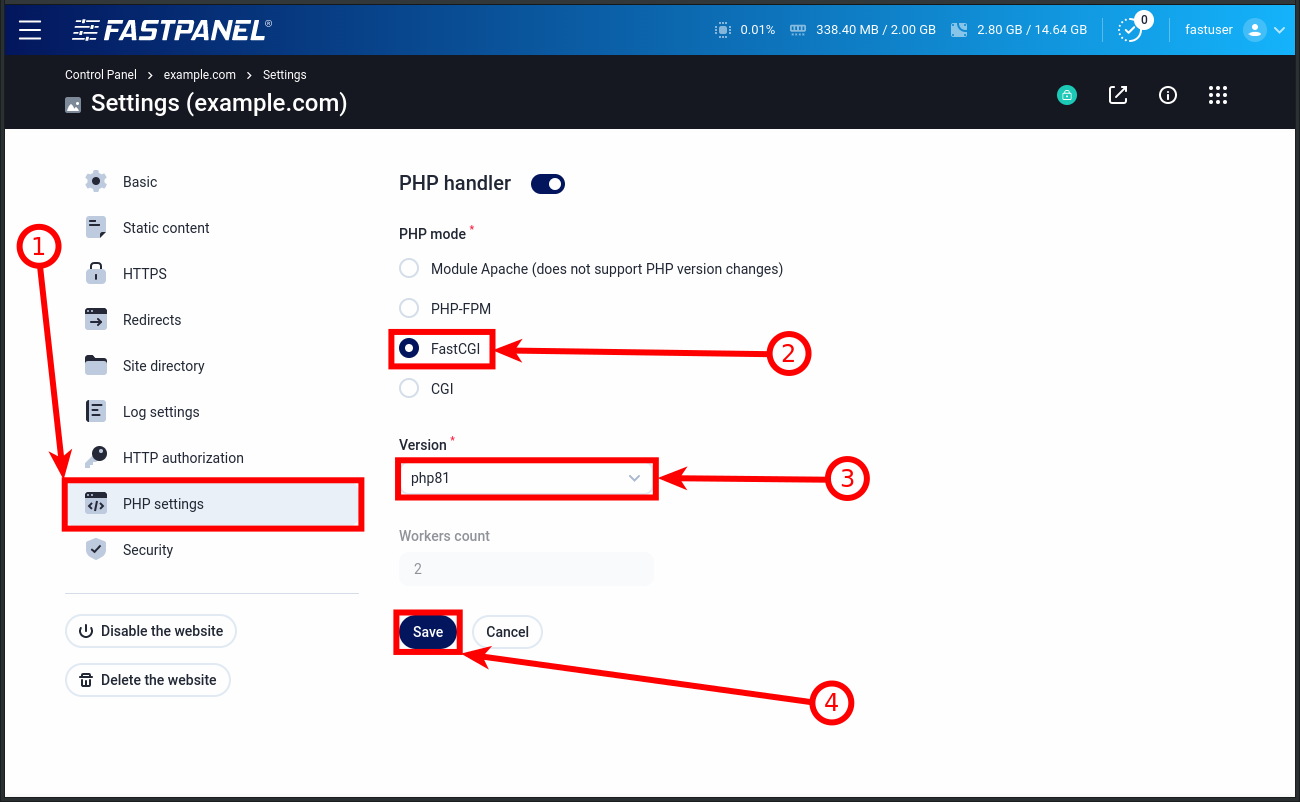 How to change PHP version for a website in FASTPANEL