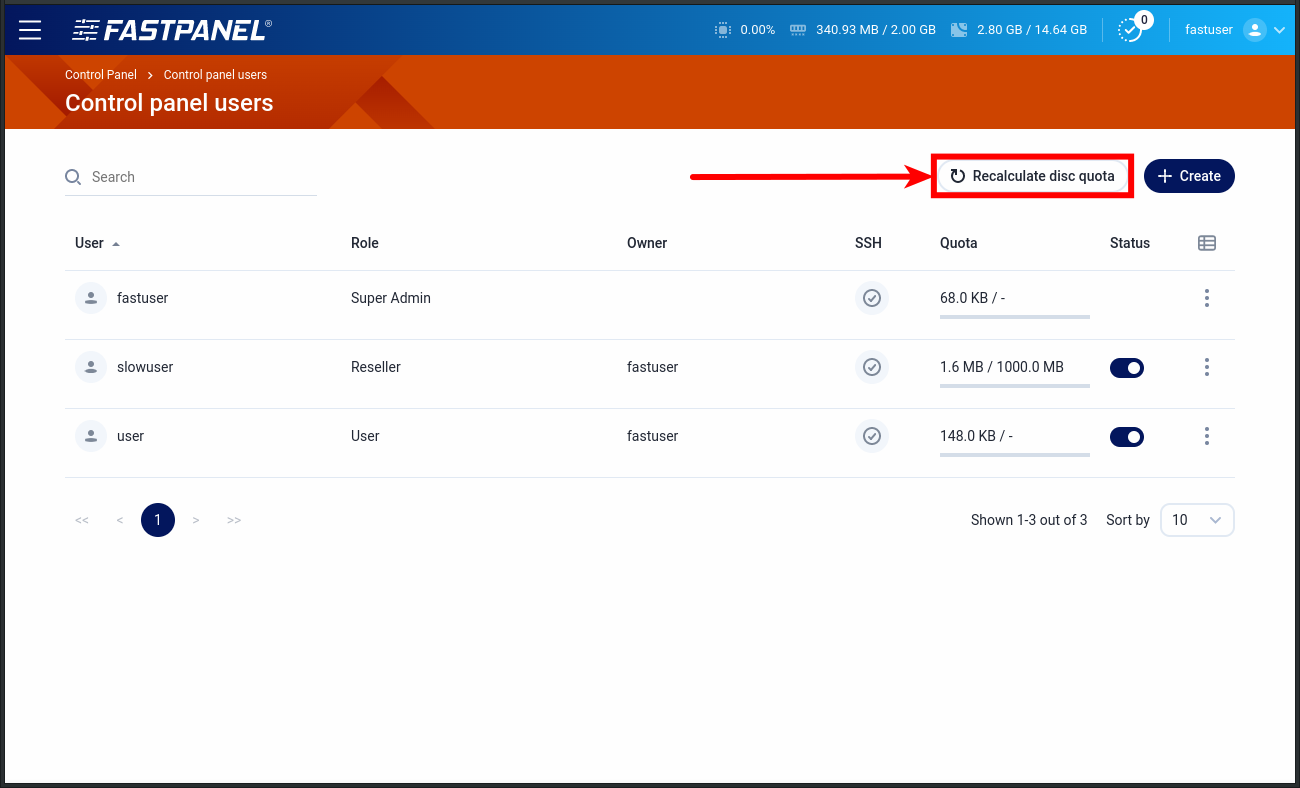 How to recalculate quota in FASTPANEL