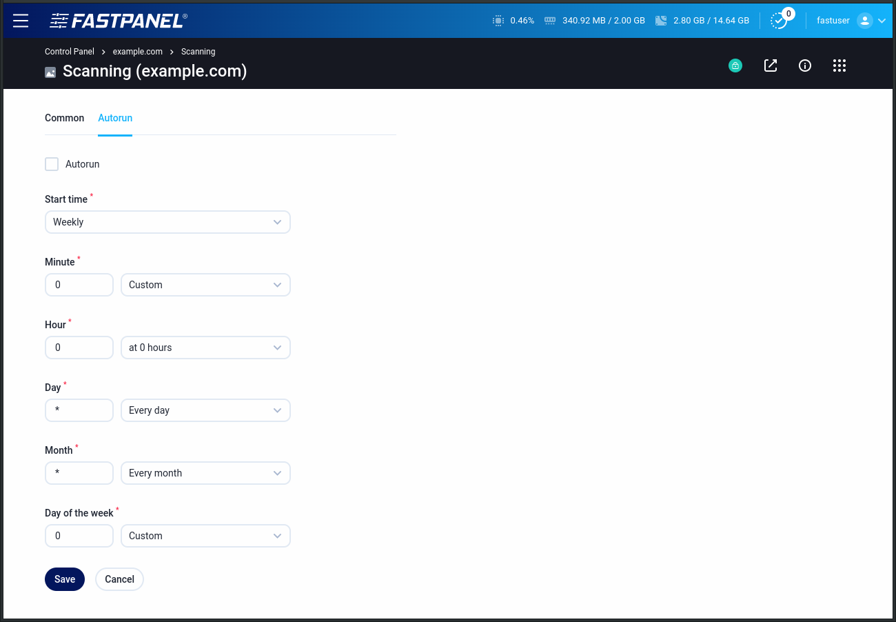 Schedule antivirus scanning in FASTPANEL