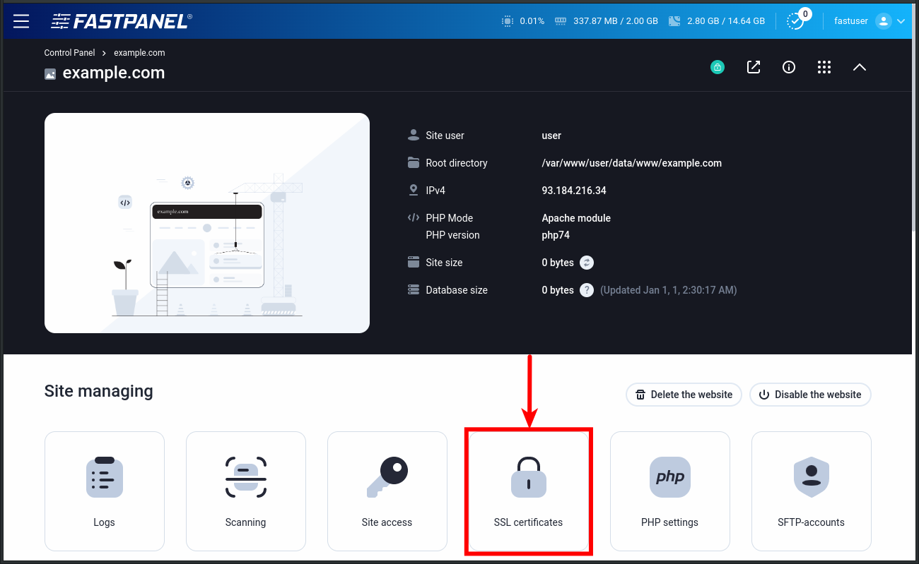 Site SSL certificate settings in FASTPANEL