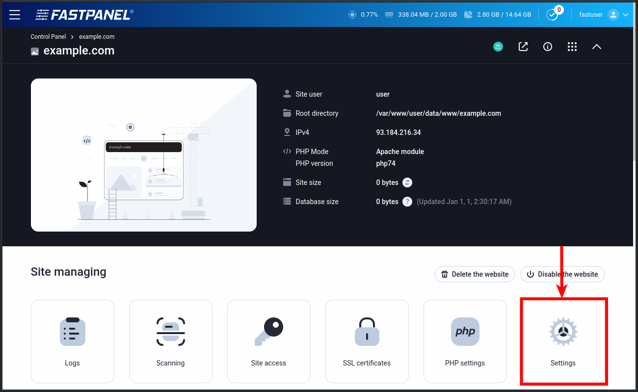 Website settings in FASTPANEL