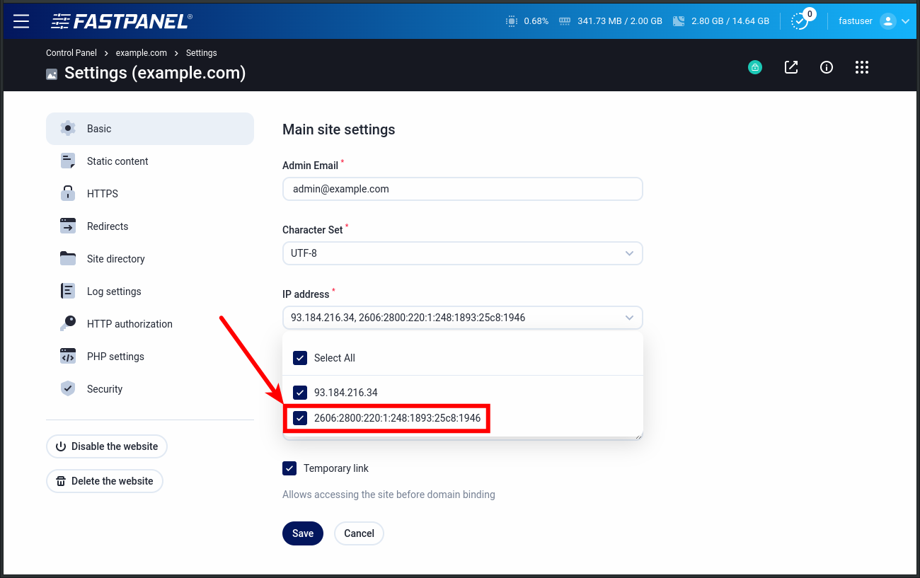 IPv6 site setting in FASTPANEL