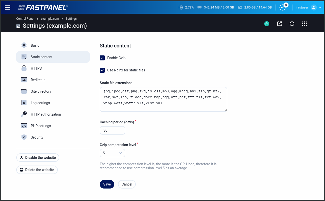 Static files settings in FASTPANEL