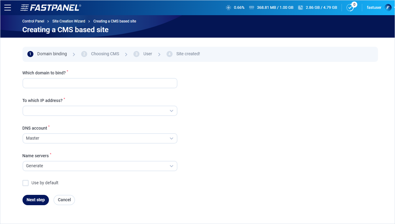 Binding a domain in site creation wizard in FASTPANEL
