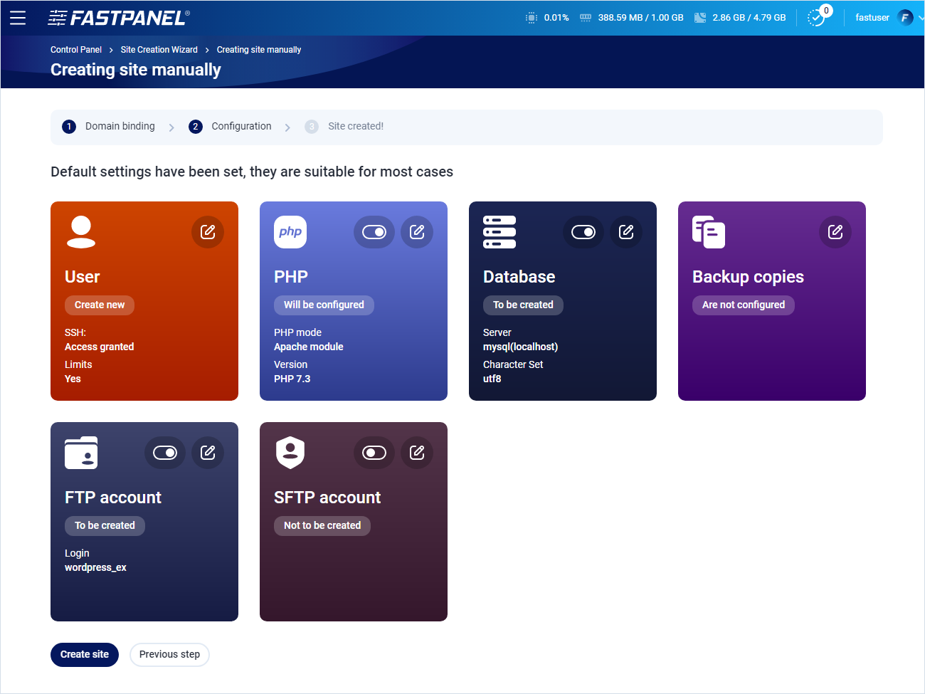 New site configuration in FASTPANEL