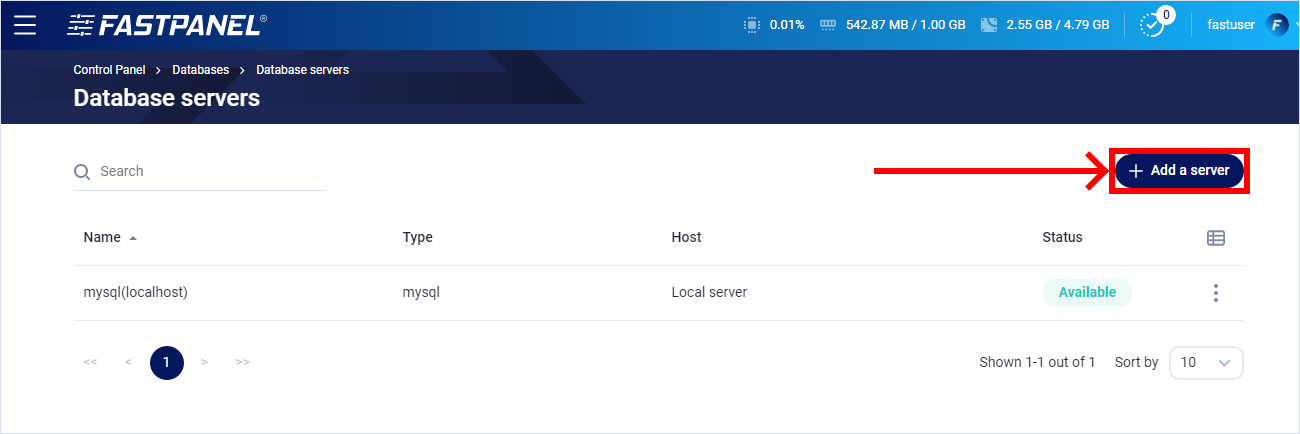 Add a database server in FASTPANEL