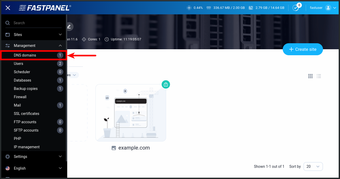 DNS domains management menu in FASTPANEL