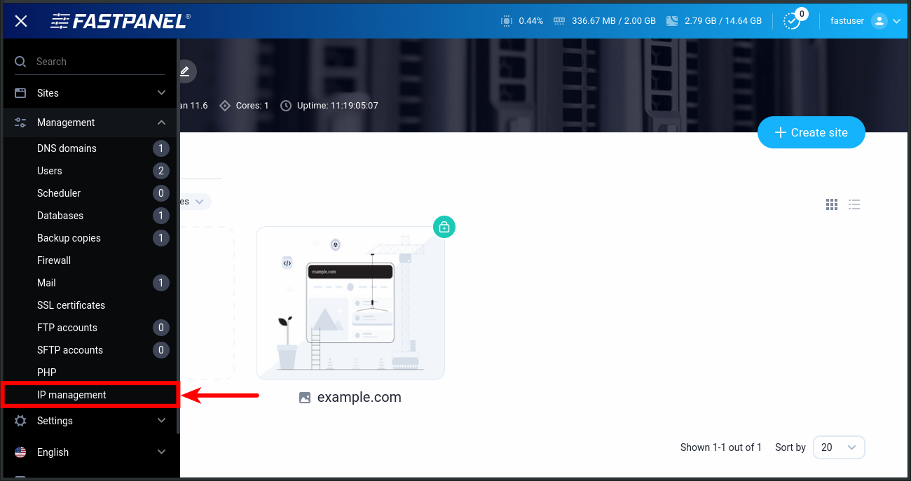 IP management menu in FASTPANEL