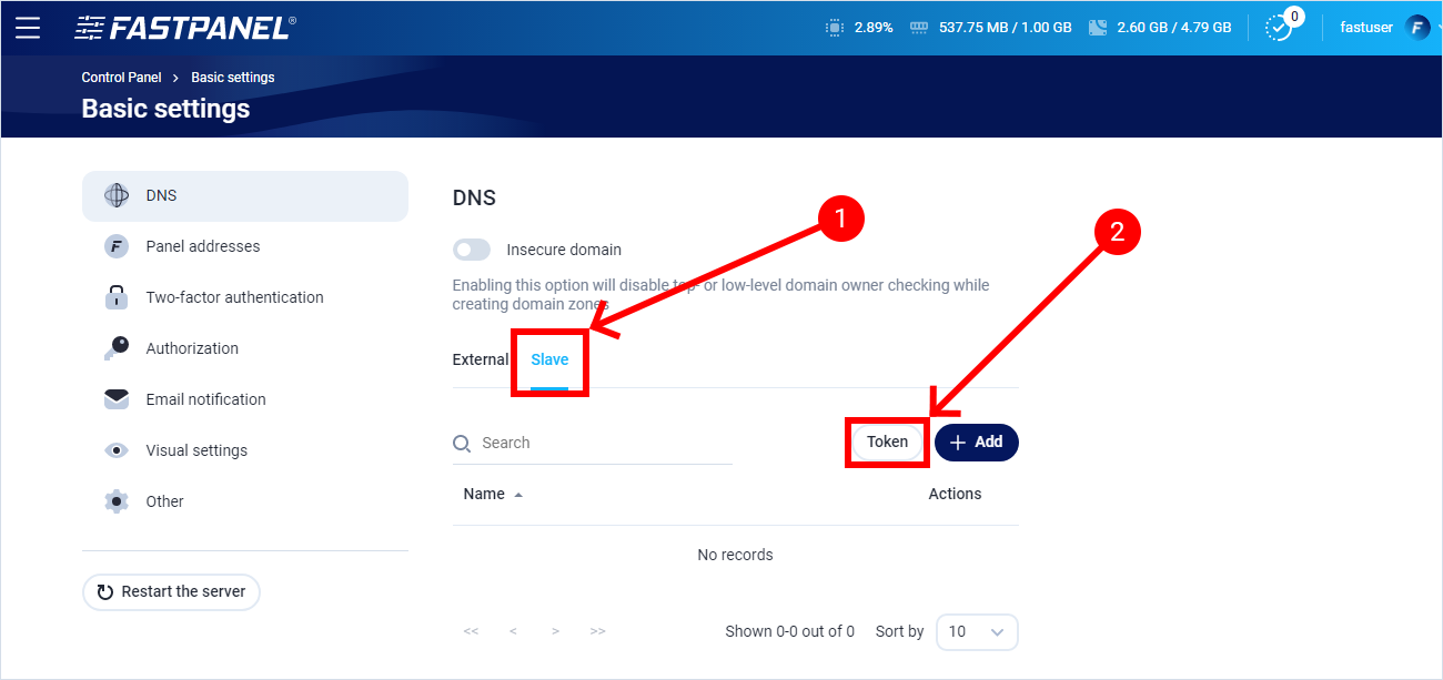 Add token for a secondary DNS server in FASTPANEL