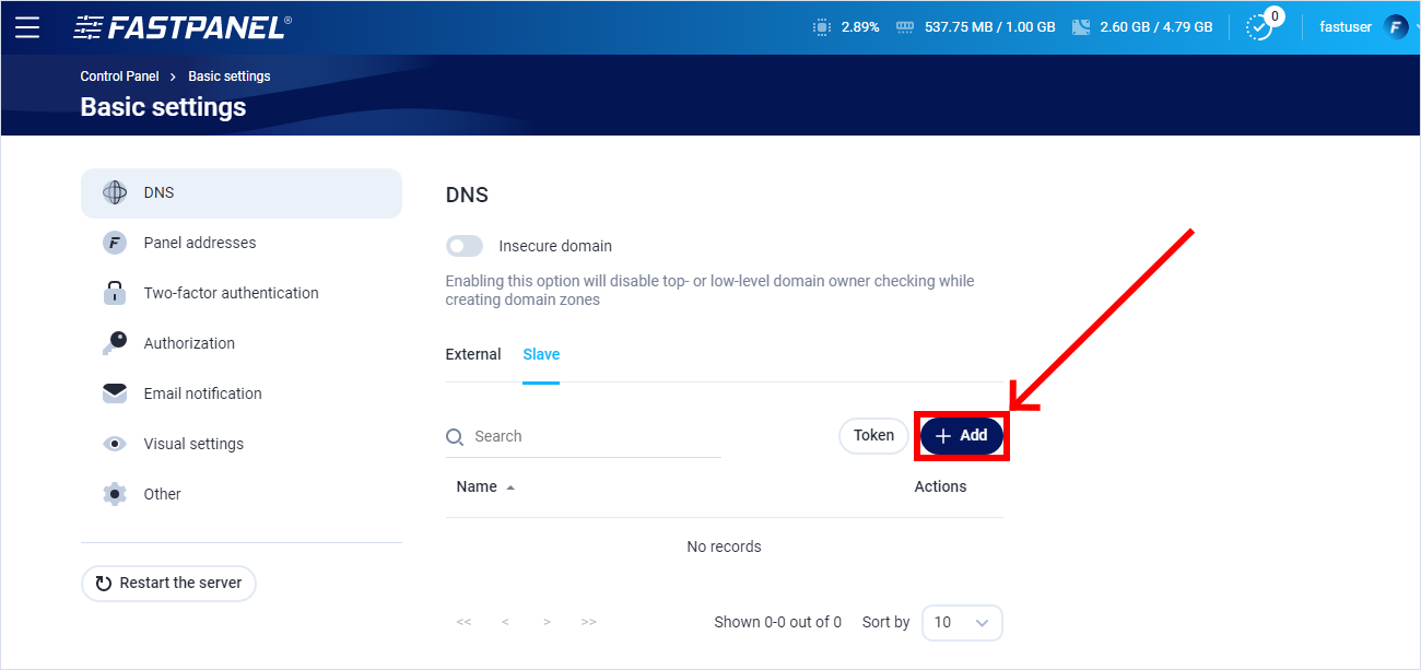 Add a secondary DNS server in FASTPANEL