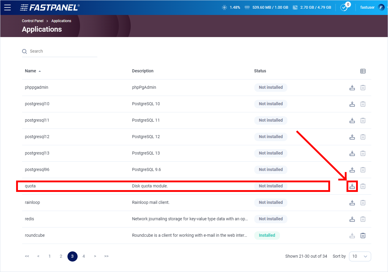 Install a quota application in FASTPANEL