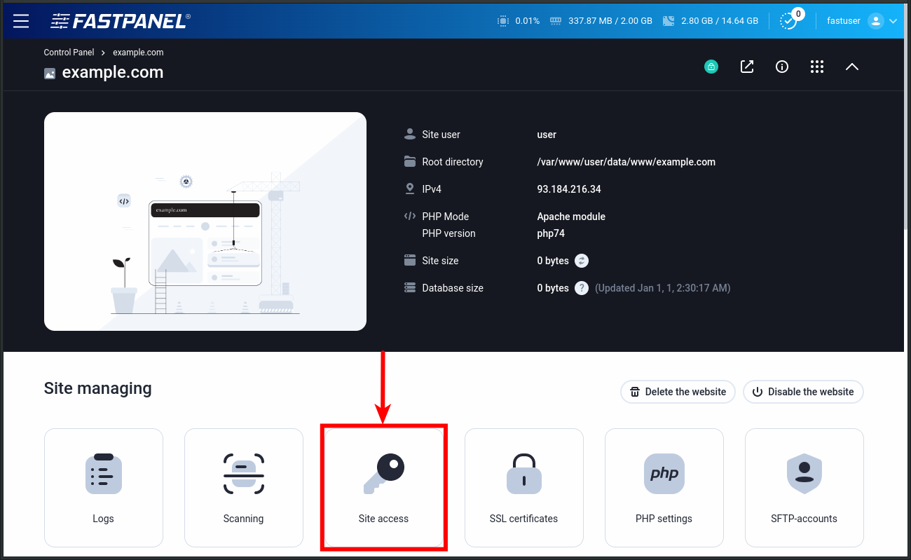 Site access settings in FASTPANEL