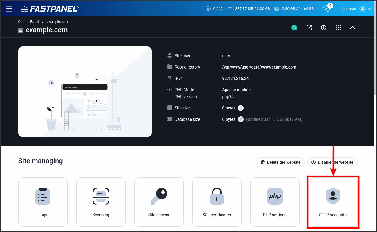 SFTP accounts management in FASTPANEL