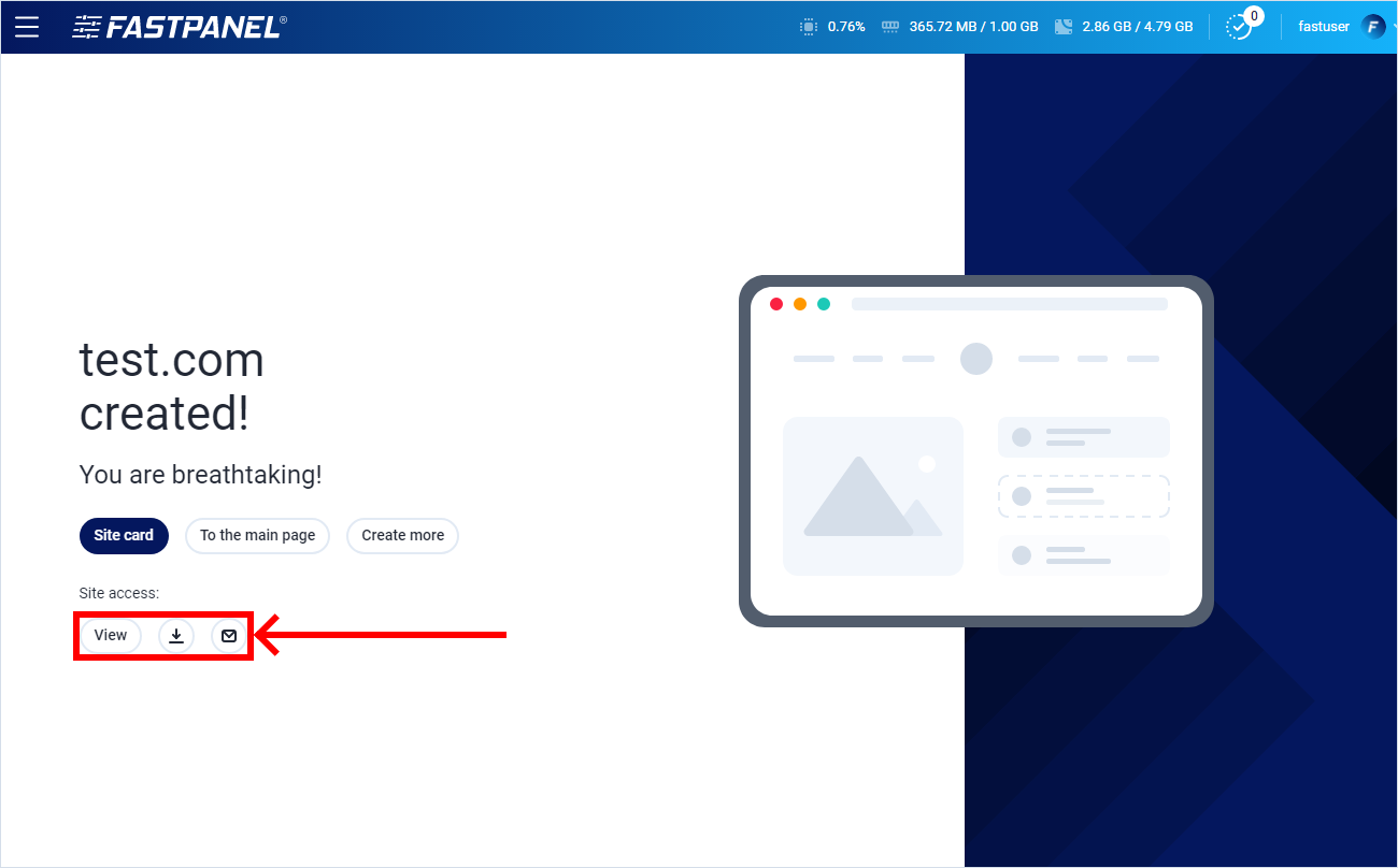 New website access data in FASTPANEL