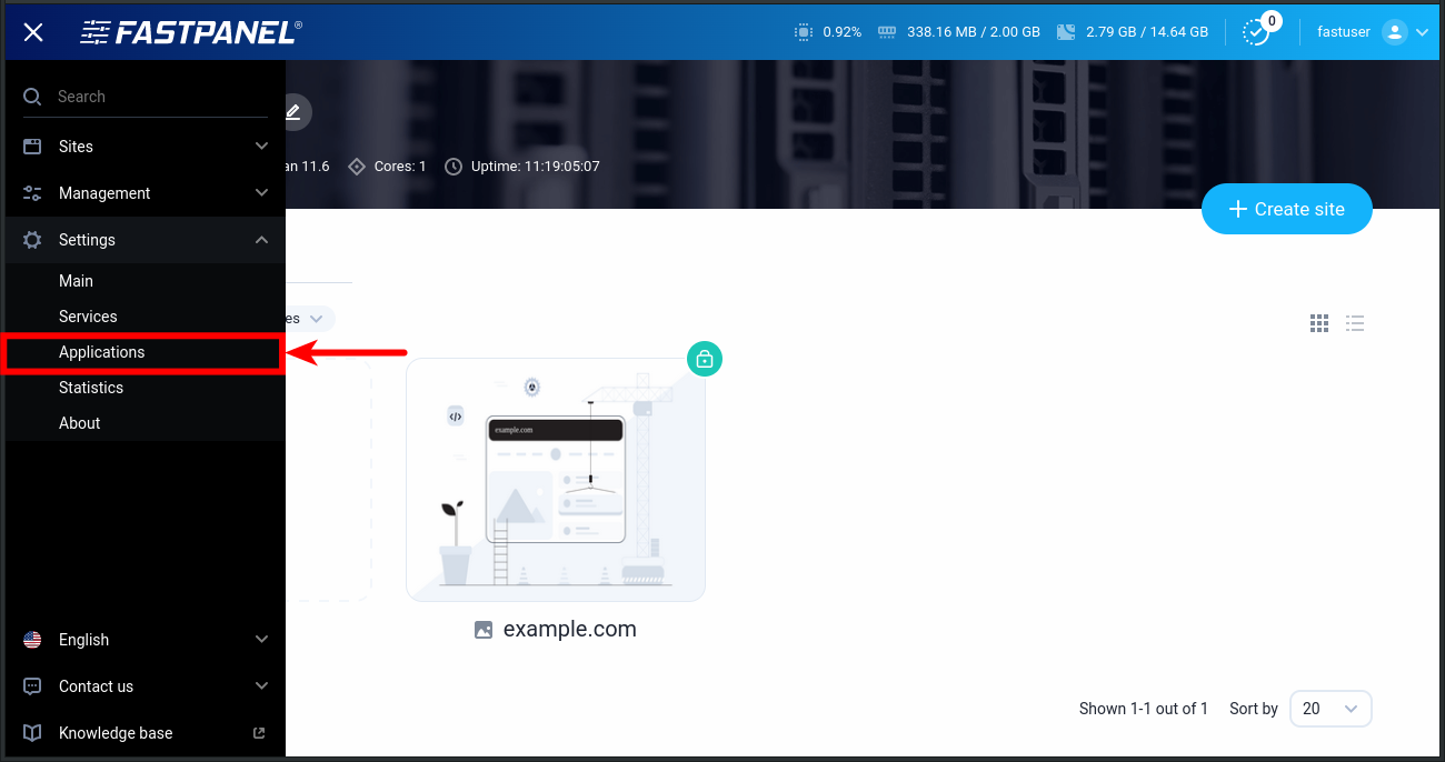 Applications management menu in FASTPANEL