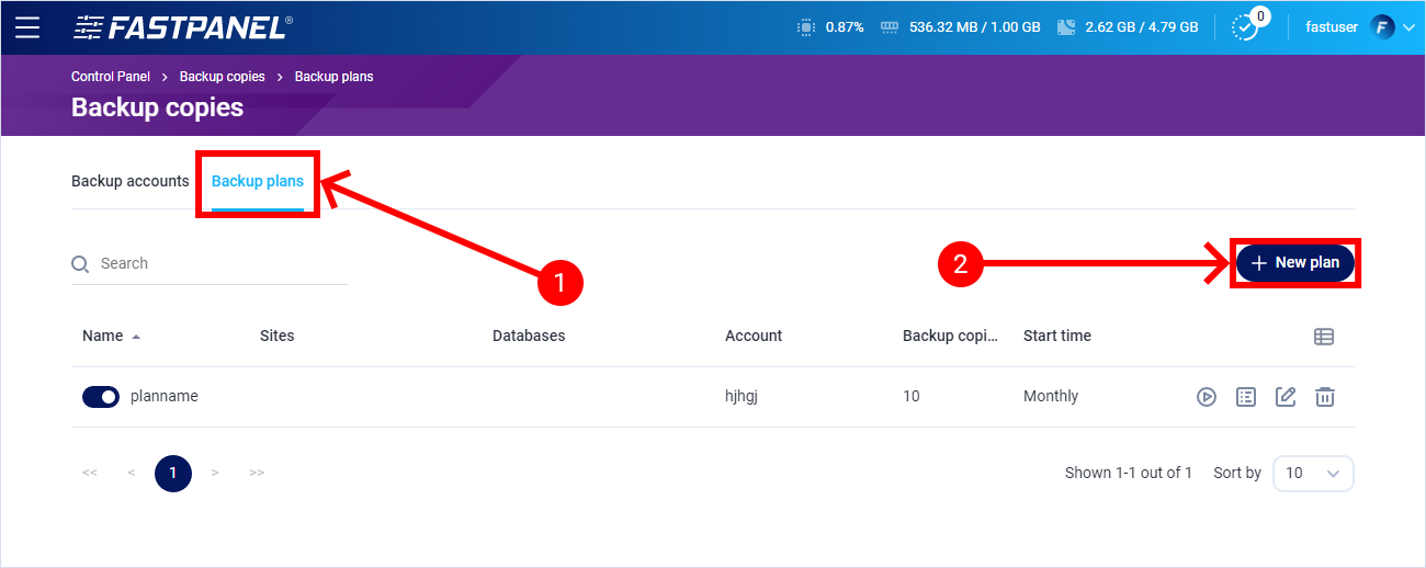 Add a new backup plan in FASTPANEL