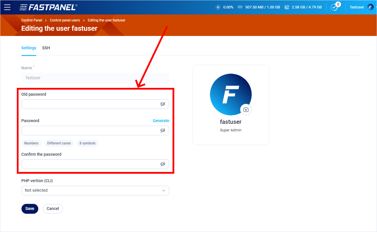 Change user password in FASTPANEL