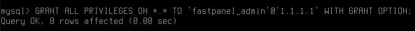 MySQL query example to grant privileges to remote user in FASTPANEL