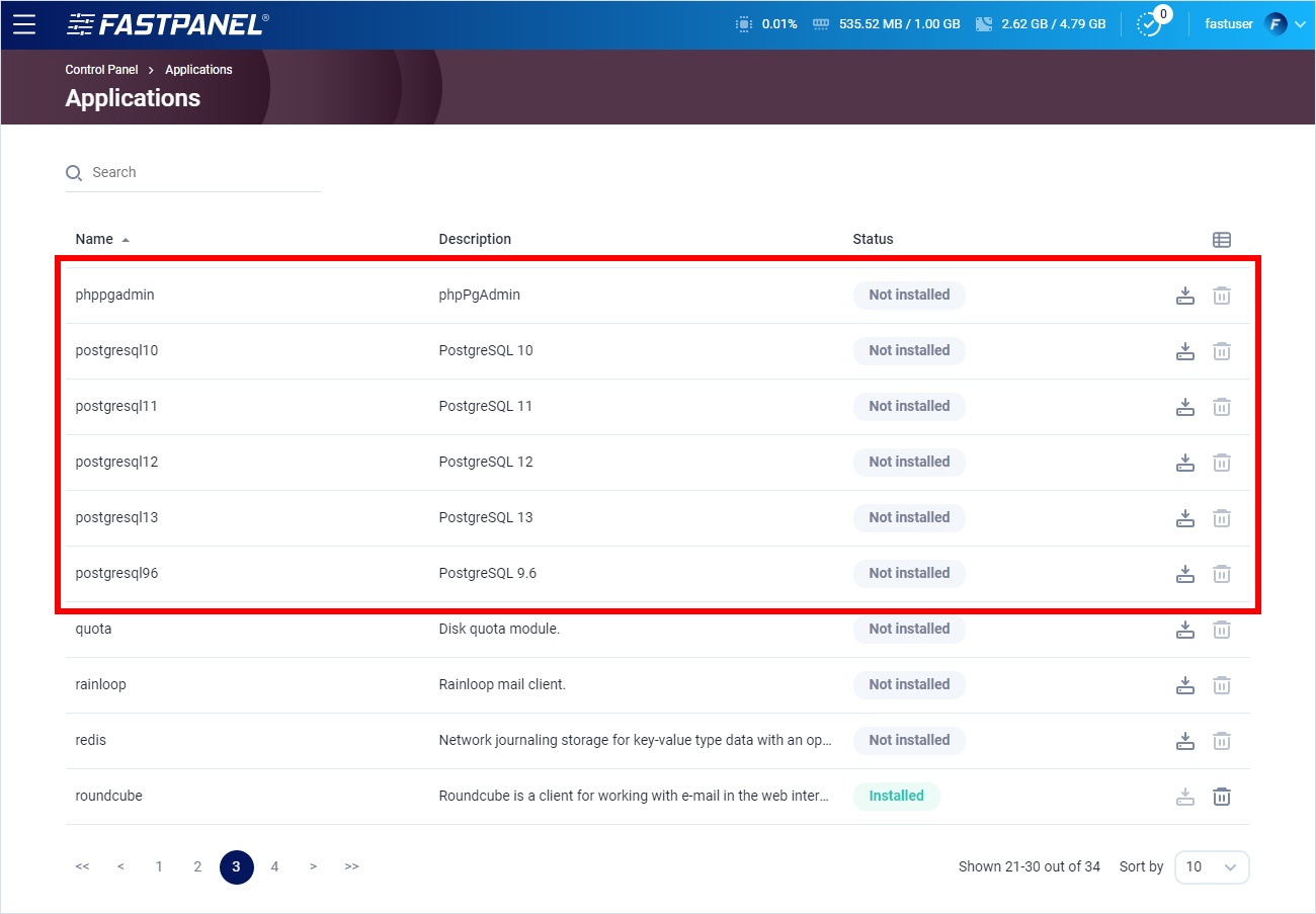 Install PostgreSQL in FASTPANEL