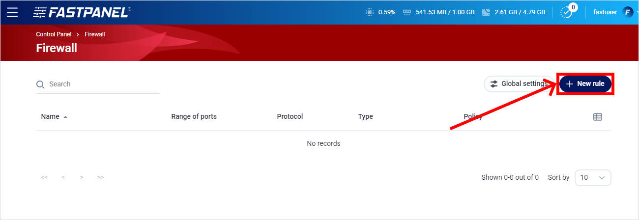 Add a new firewall rule in FASTPANEL