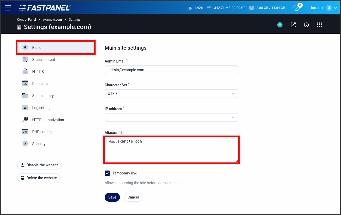 Website aliases in FASTPANEL