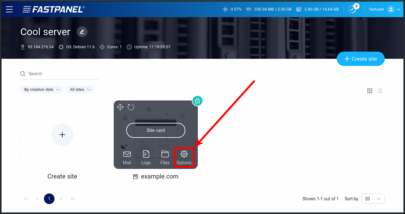 Website options menu in FASTPANEL