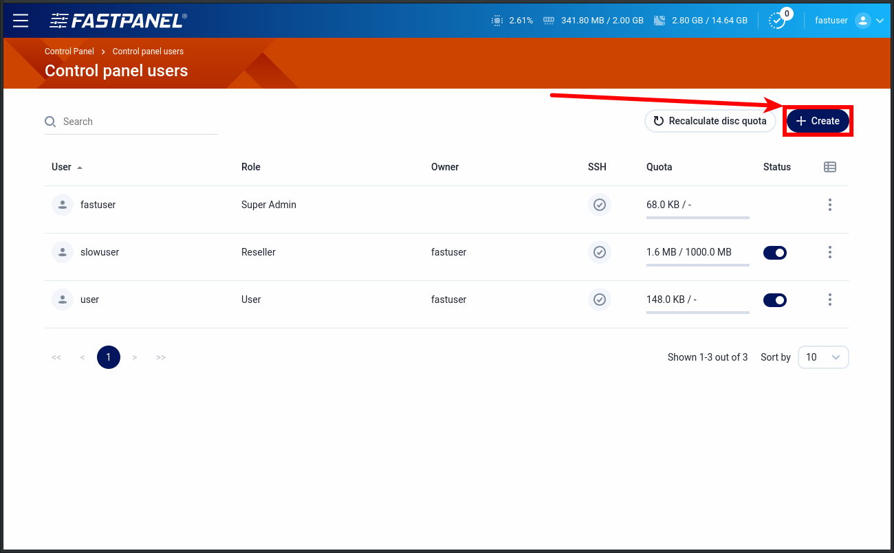 Create a new user account in FASTPANEL