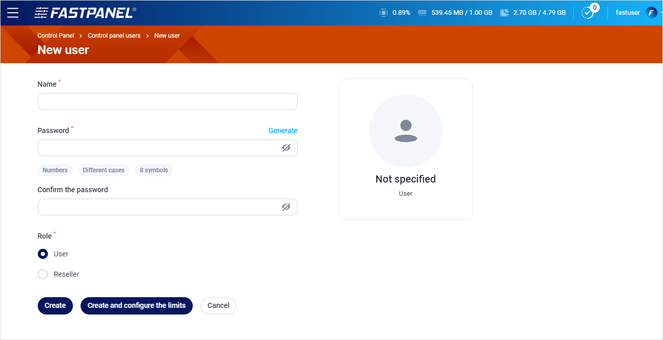 Add new user in FASTPANEL