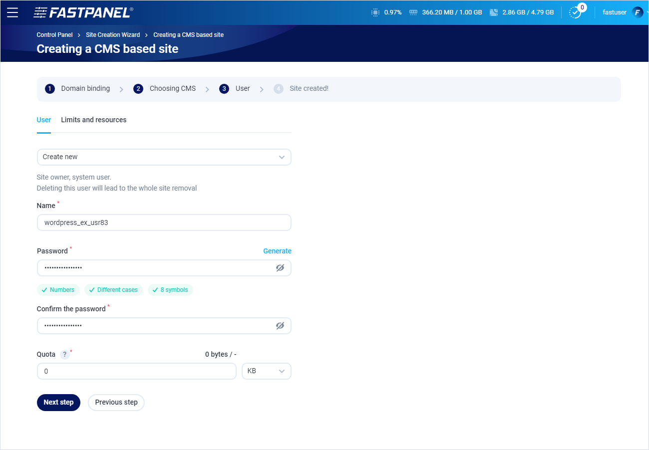 User setup in site creation wizard in FASTPANEL