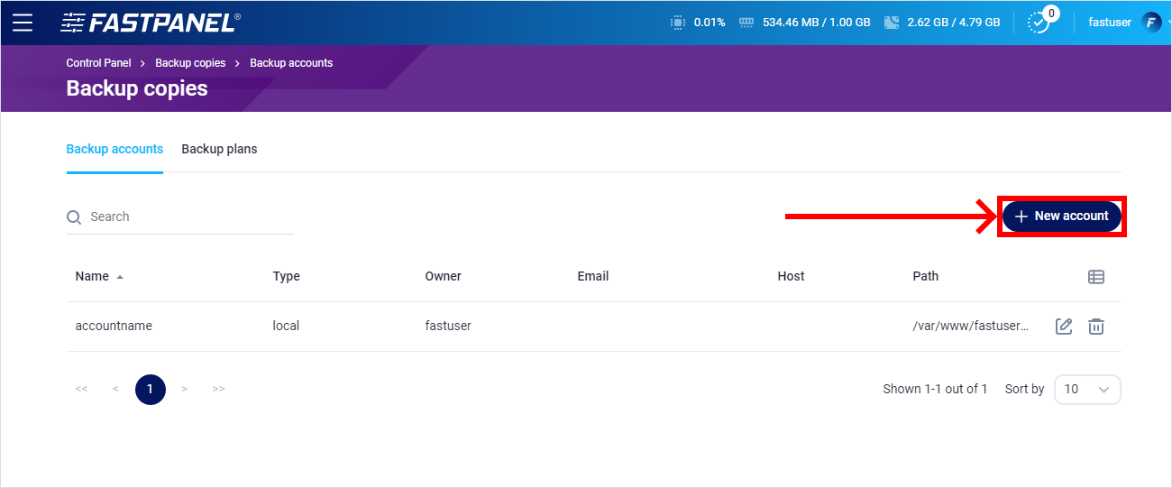 Add a new backup account in FASTPANEL