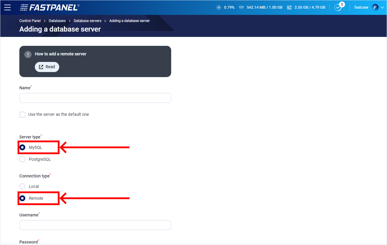 Add MySQL server in FASTPANEL