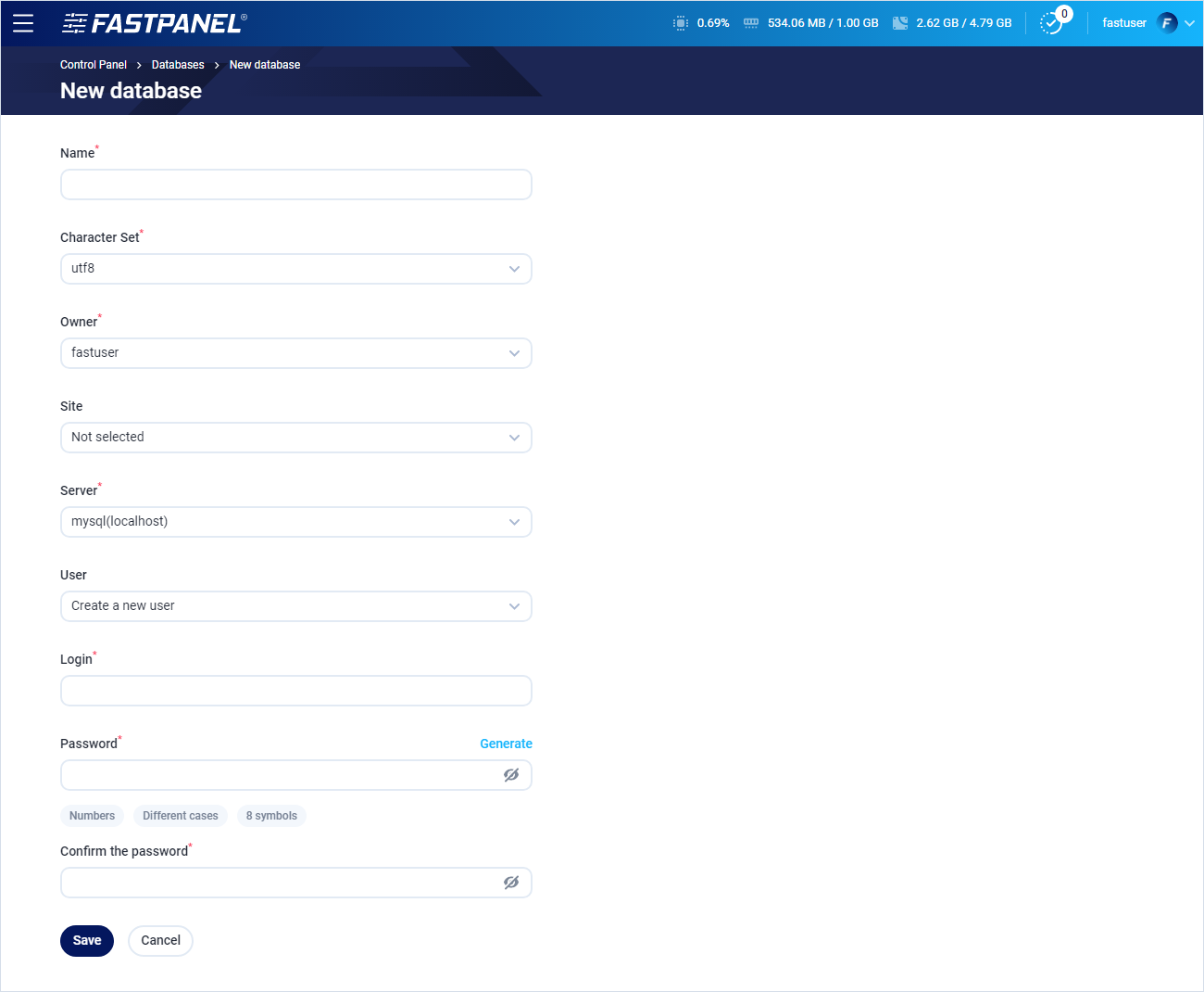 Create a MySQL database in FASTPANEL