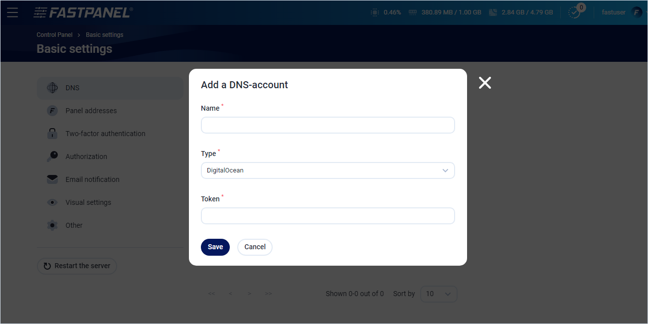 External DNS account settings in FASTPANEL