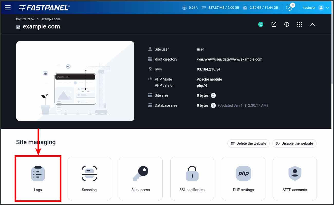 Site logs in FASTPANEL