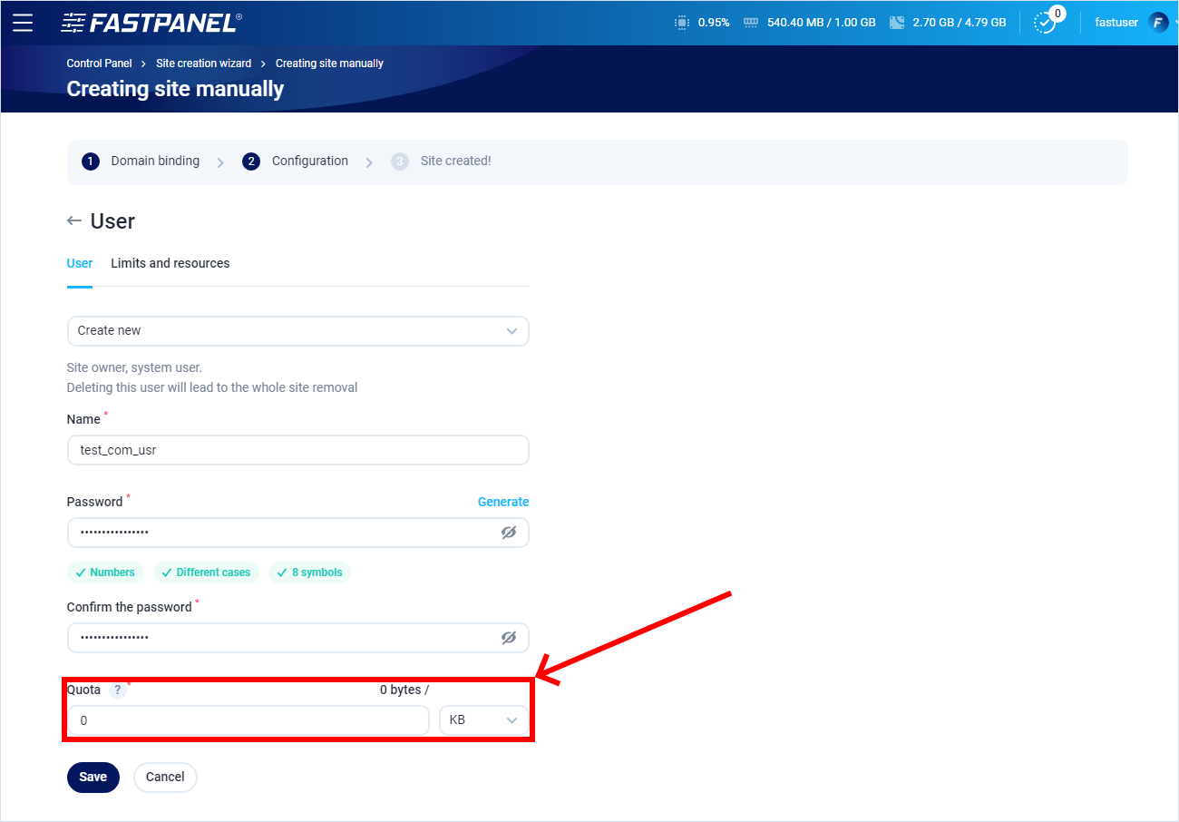 Set quota for a new user via site creation wizard in FASTPANEL