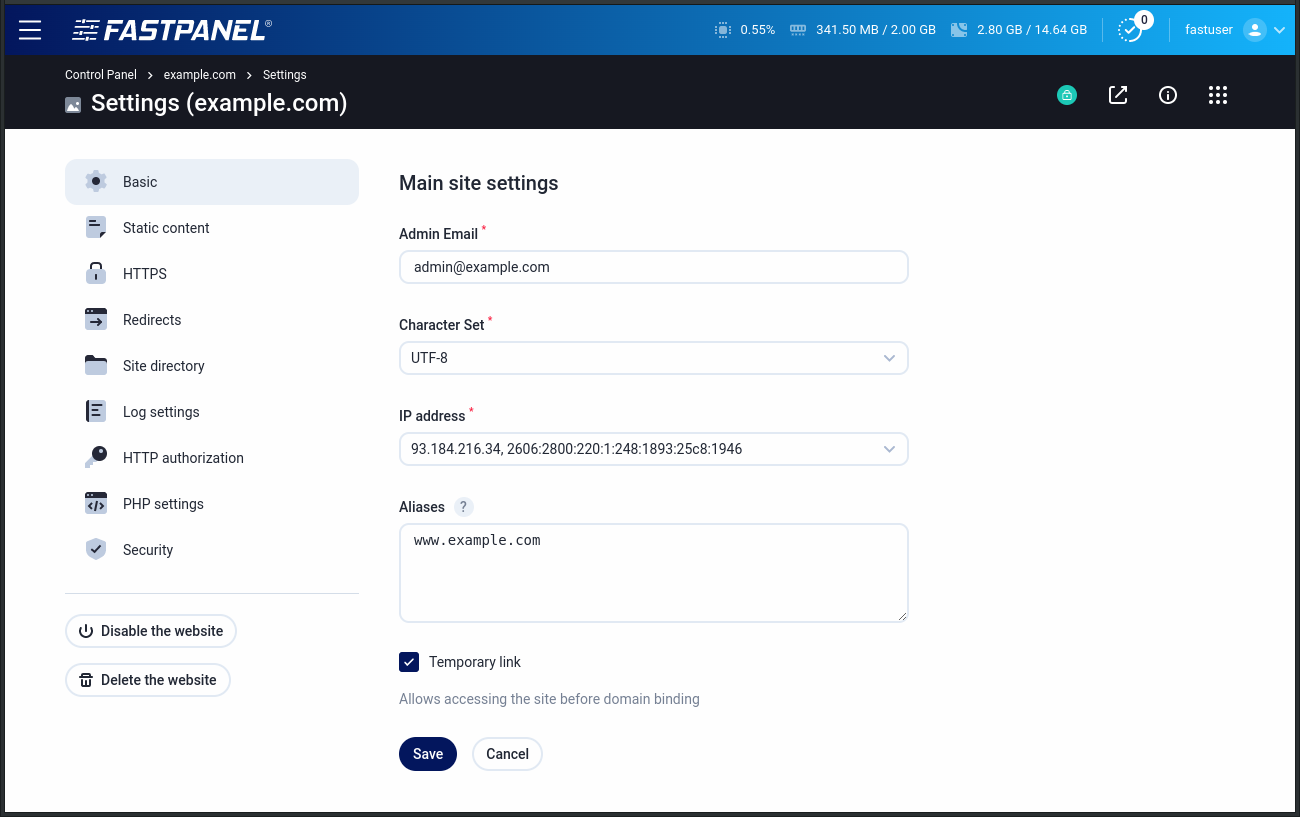 Main website settings in FASTPANEL