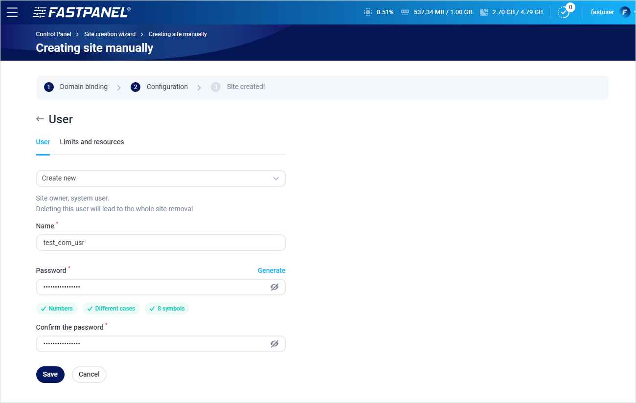 Configure new user in site creation wizard in FASTPANEL