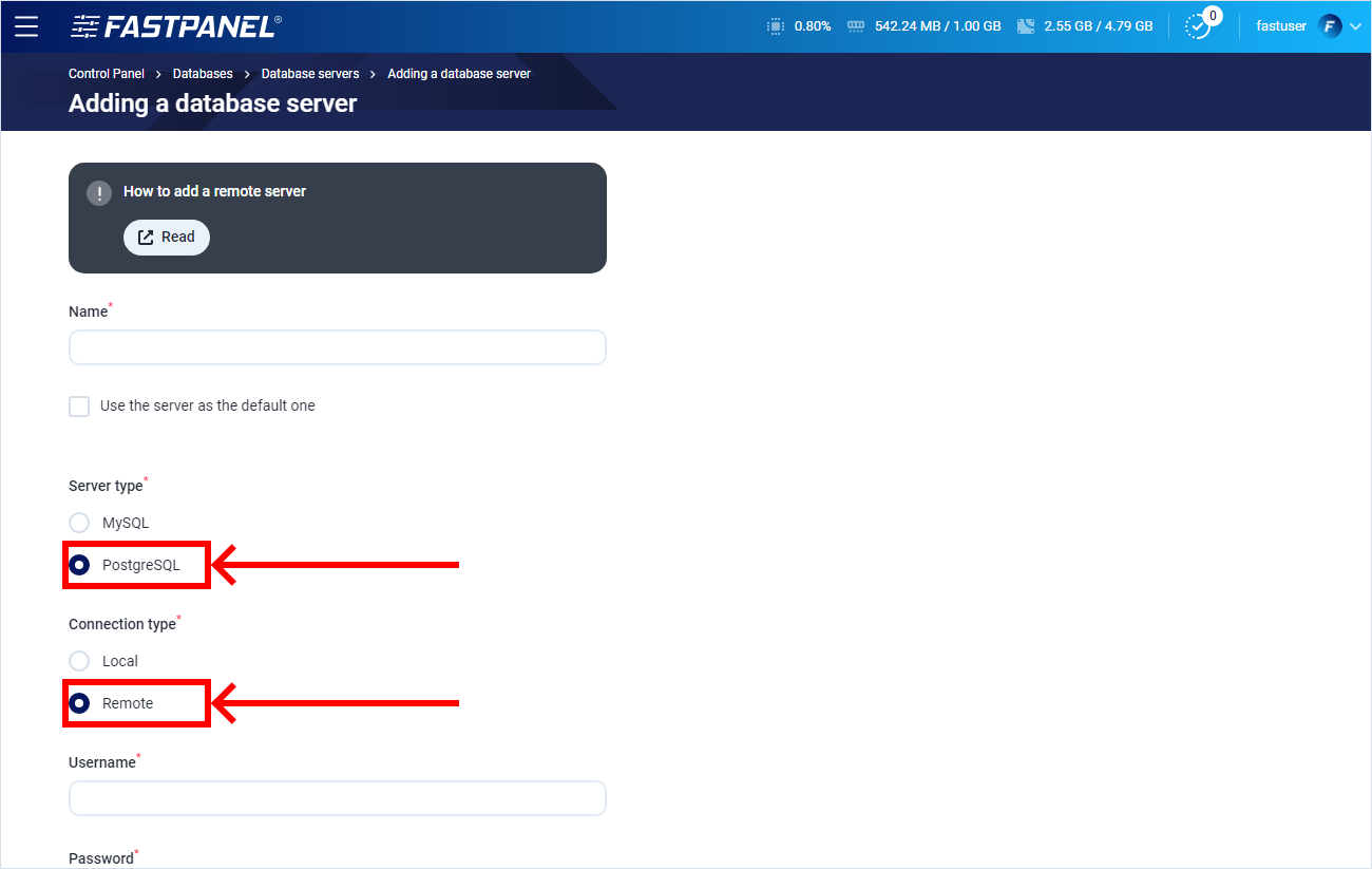 Add PostgreSQL server in FASTPANEL